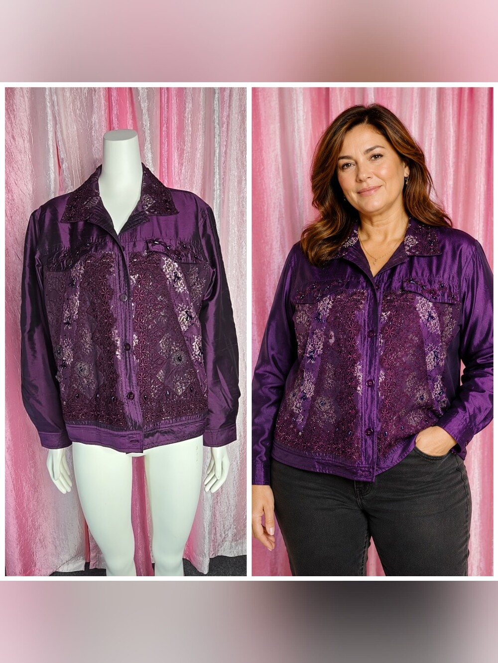 Coldwater Creek Purple Lace Silk Beaded Metallic Bomber Jacket Size XL